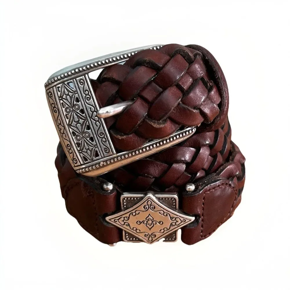 Fossil Women’s Brown Leather Braided Belts Silver Buckle Small Boho Cowgirl